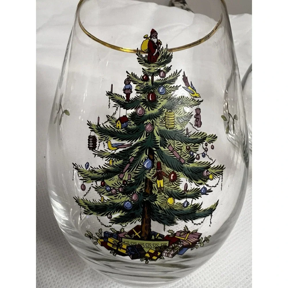 Spode Christmas Tree Stemless Wine Glasses Holiday Tablescape Grandmillennial